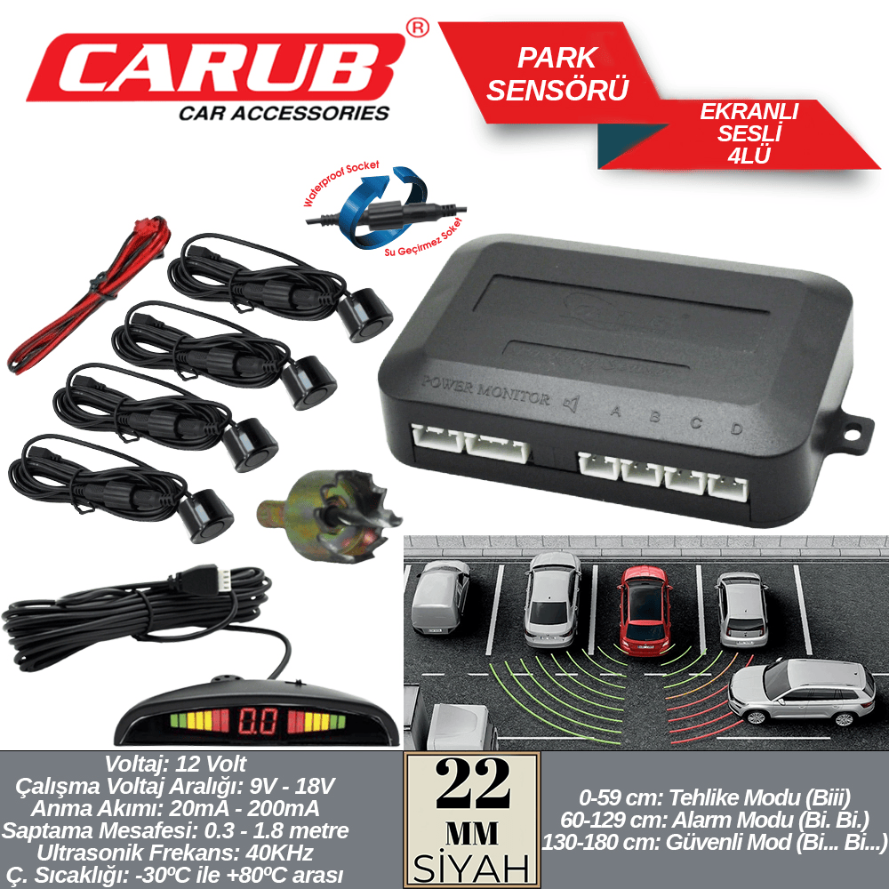 PARK SENSÖRÜ  EKRANLI 22 MM SiYAH  4 SENSÖR 1